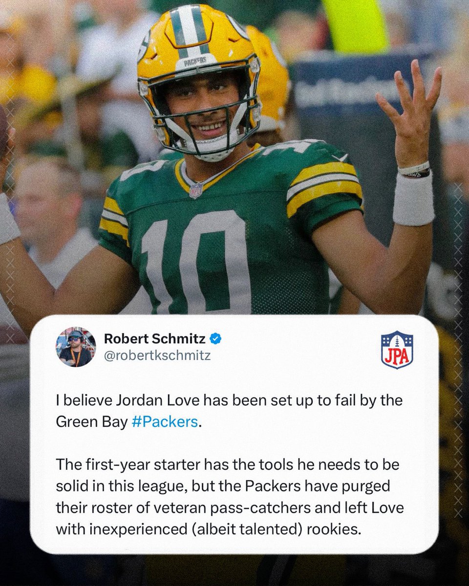 jasrifootball's tweet photo. Are the #Packers setting QB Jordan Love up for failure?

RB: Aaron Jones
RB: AJ Dillon
WR: Christian Watson
WR: Romeo Doubs
WR: Bo Melton
TE: Luke Musgrave https://t.co/CODFibQE11