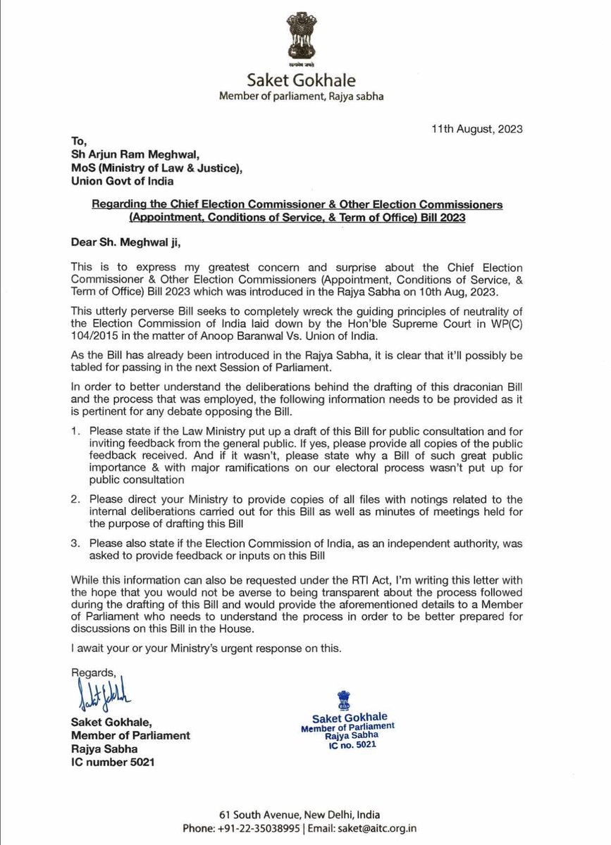 SyedAadilRizvi's tweet image. Yesterday, Modi gov. introduced a concerning bill in the Rajya Sabha, aiming to grant significant powers to PM Modi &amp;amp; 1 minister for appointing the entire Election Commission through a majority vote, bypassing the Leader of Opposition &amp;amp; Chief Justice of India. #DemocracyConcerns