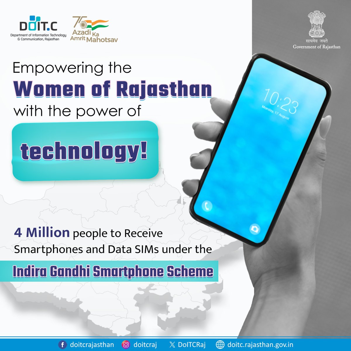 DoITCRaj's tweet photo. Rajasthan Government to Empower Women with Smartphones! Rajasthan Government is launching the Indira Gandhi Smartphone Scheme to provide 4 million women with smartphones &amp; data SIMs.
Check your eligibility: https://t.co/cmEbELKYvM
#DoITC #IndiraGandhiSmartphoneYojana #Smartphone https://t.co/mYVchqgoiE