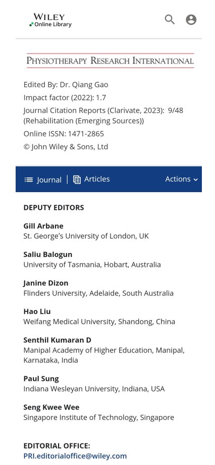 I am glad to share that I have been selected as one of the Deputy Editors of the Journal 'Physiotherapy Research International'. Looking forward to working with the team PRI.