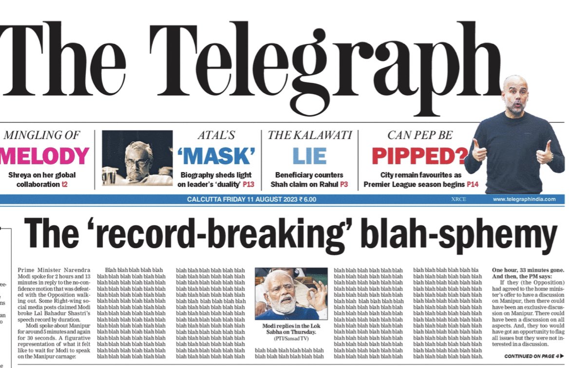 The headline of The Telegraph after PM's speech! They don't even act like a media house anymore.

Let me show you some gems from the same Telegraph. Thread :