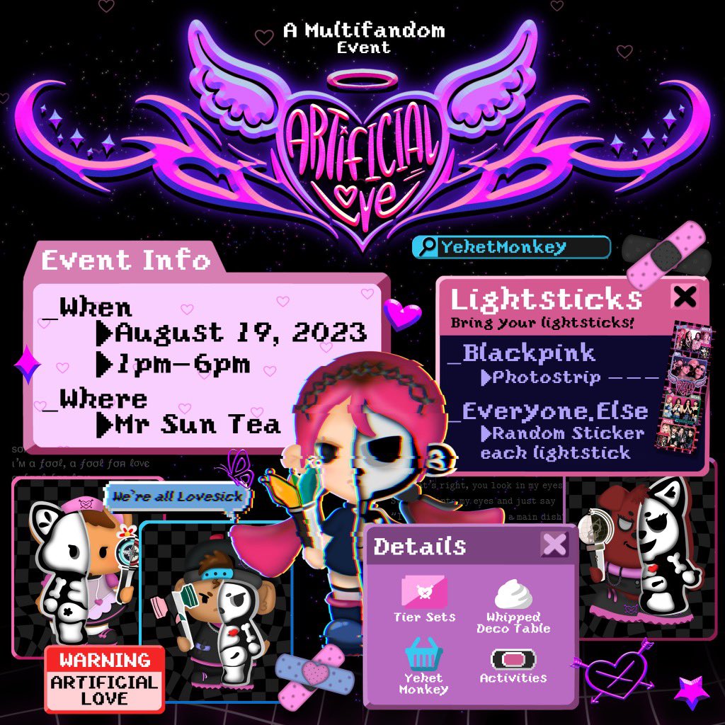 YehetMonkey's tweet photo. 🖤”Artificial Love” a Multifandom event— ωє’яє αℓℓ ℓσνєѕι¢к

💊Event:
“Artificial Love” Multifandom Event
Time: August 19th 2023, 1pm-6pm
Place: Mr. Sun Tea @mrsuntealv 
4480 Paradise Rd, #300 Las Vegas 89169

Special event for when Blackpink will be in LV 🥳 https://t.co/1pY2YCCFoe