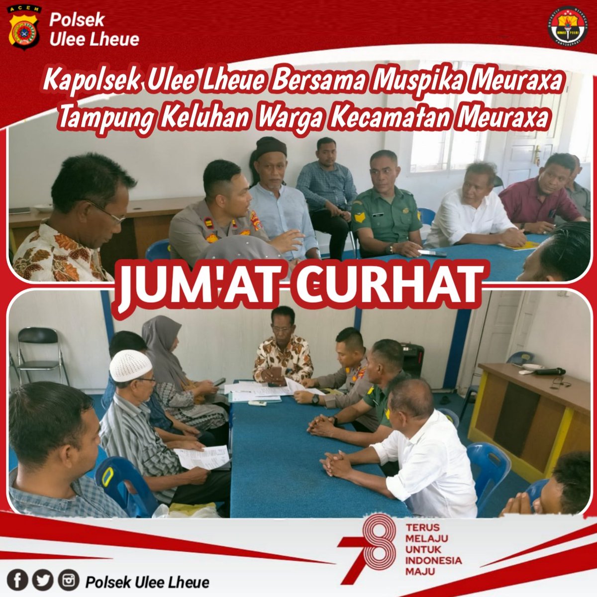 SLheue's tweet photo. JUM'AT CURHAT

Kapolsek Ulee Lheue Iptu Hendra Syah Putra, S.Psi., M.H. bersama Muspika Meuraxa tampung keluhan warga kecamatan Meuraxa diaula kantor Camat Meuraxa Banda Aceh. Jum'at, 11 Agustus 2023.

@listyosigitprabowo
@wahyuwidada
@divisihumaspolri
@polritvradio https://t.co/mROrtz9PtJ