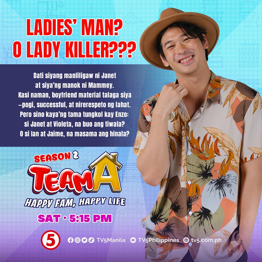 Ano nga ba ang totoo? Ang masamang hinala nina Ian at Jaime kay Enzo o ang tiwala nina Janet at Mammey Violeta? Tunghayan si Wilbert Ross bilang Enzo sa #TeamATV5: Happy Fam, Happy Life Season 2, ngayong SABADO, 5:15 PM sa #WeekendTripTV5! #IBAngSayaPagSamaSama