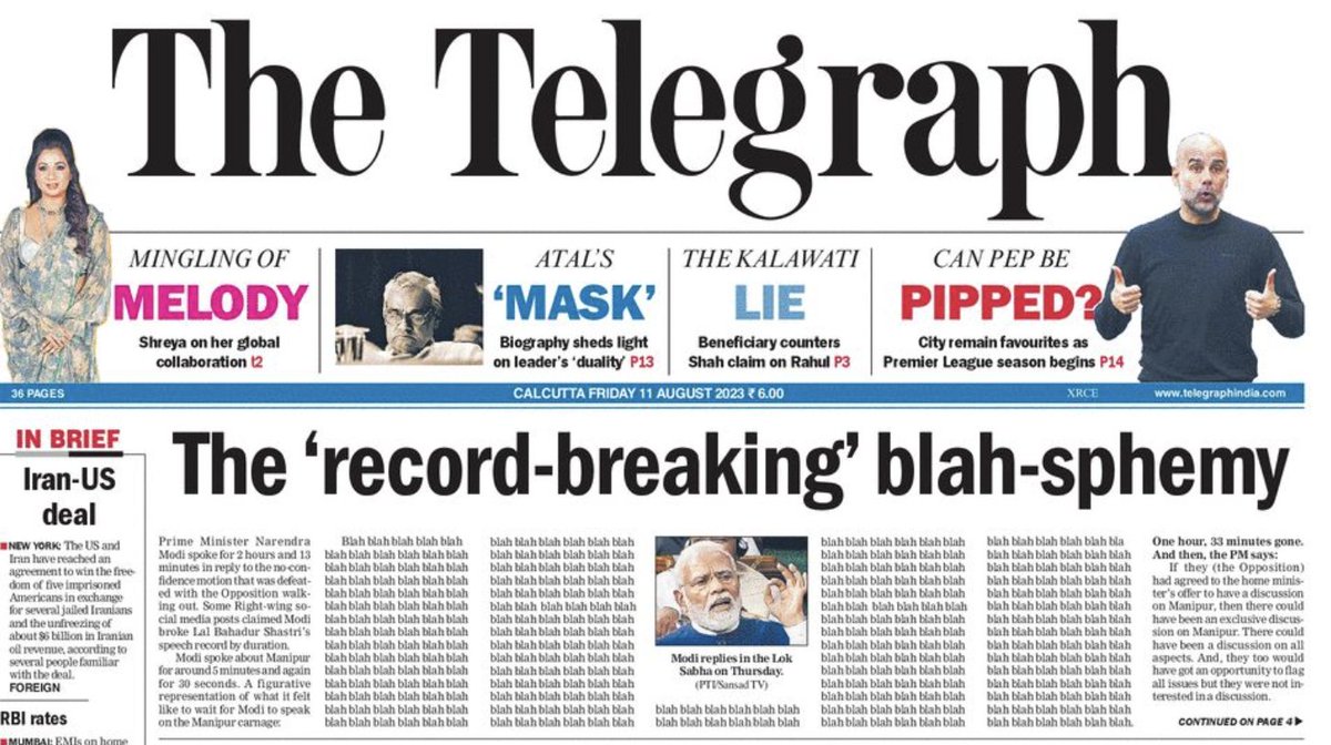 Good morning only &amp; only to the editor responsible for <a href="/ttindia/">The Telegraph</a>'s front page. 

The sentence before dedicating 4 columns to "blah" is equally brilliant:  "a figurative representation of what it felt like waiting for Modi to speak on #Manipur" 

#JournalismLessons
