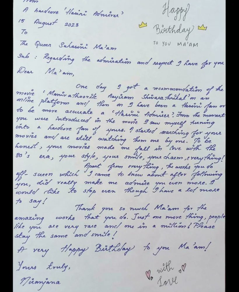 AdmirerHasini's tweet photo. "FAN'S WEEK" #15DaysOfLove
Today its all about expressing love & respect by fans through letters.❤
❤ @hasinimani ❤
#HappyBirthdayQueenHasini
#HappyBirthdaySuhasiniManiratnam
#HBDSuhasiniManiratnam
#FansLove #FansWeek https://t.co/WfFHKvivXa