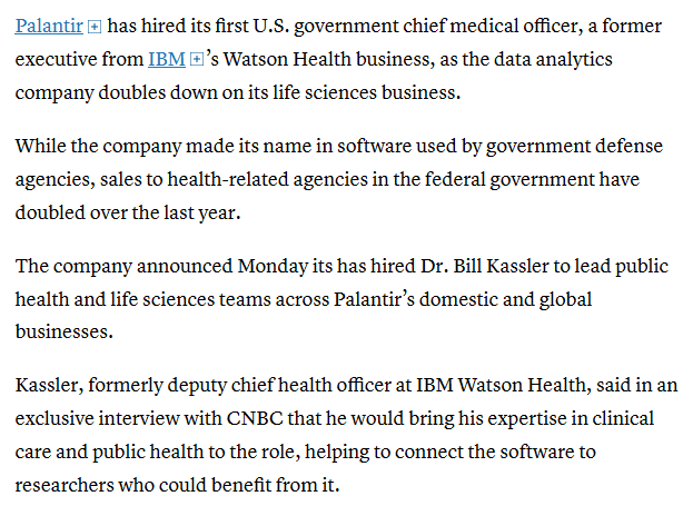 caitchirps's tweet photo. May 3 2021 - "Palantir hires former IBM Watson Health exec as its first US government chief medical officer" https://t.co/M0bJ6ukurX https://t.co/ZbZeLaNPjB