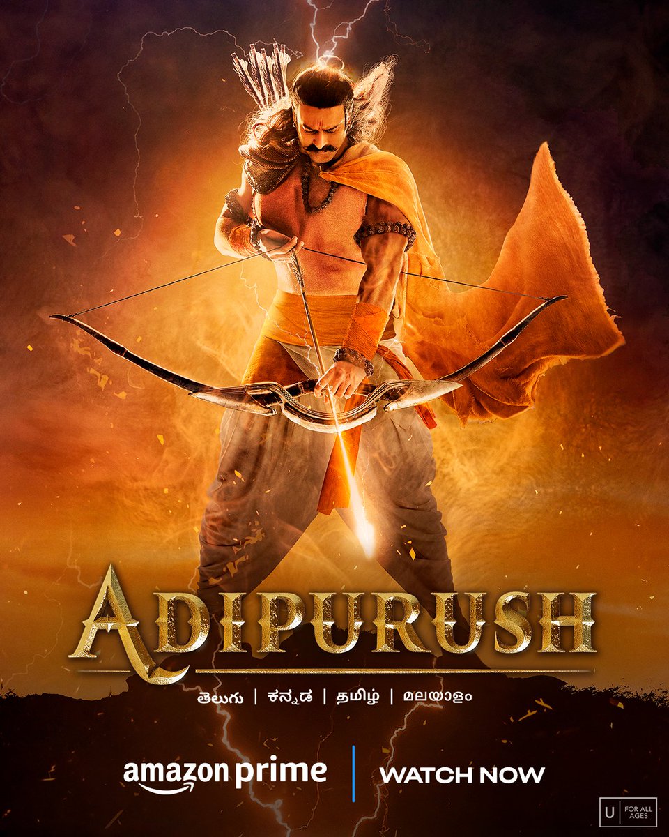 #Adipurush starring #Prabhas & #KritiSanon is now streaming on @PrimeVideoIN in Telugu, Tamil, Malayalam & Kannada!