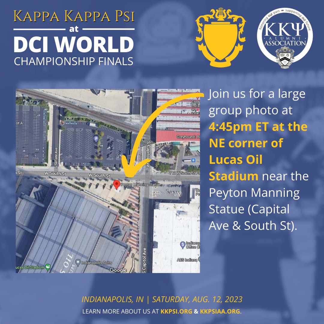 kkpsiaa's tweet photo. Calling all Brothers &amp; Sisters attending DCI Finals!!
.
Join us for a large group photo at 4:45pm ET on Saturday at the NE corner of Lucas Oil Stadium near the Peyton Manning Statue. Let's show our ITB performers and staffers our love and support!! 💙📸
.
#KKPsi #DCI2023 #TBSigma https://t.co/B2qb1WxJpq