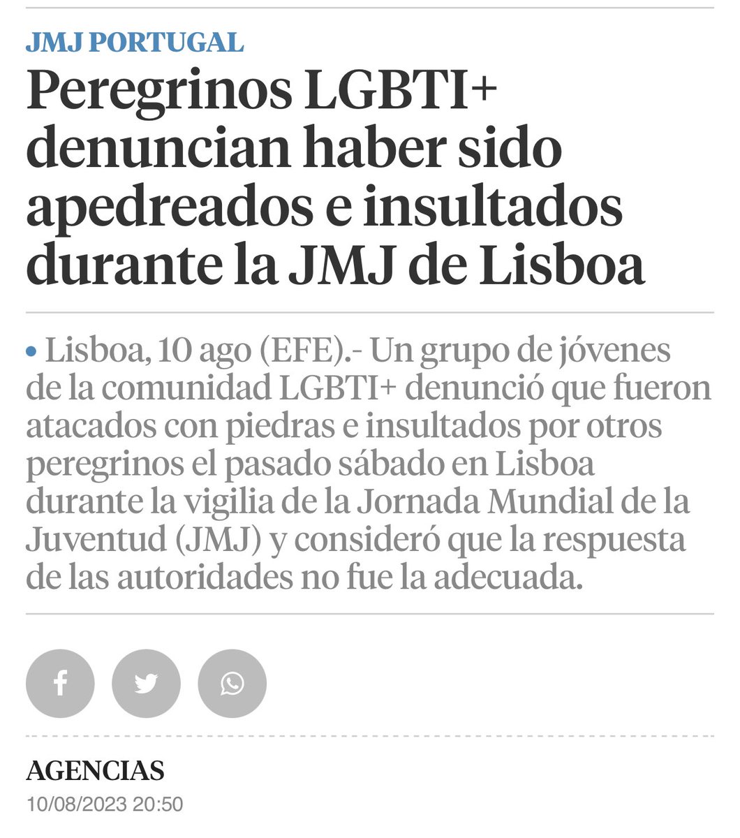 De nuevo, unos católicos del #JMJ2023 se pasan el “amarás al prójimo como a ti mismo” por el arco del triunfo y atacan en plena misa y apedrean a personas LGTBI+.
Lo peor es que eran últimos también católicos… que no aprenden, por cierto.