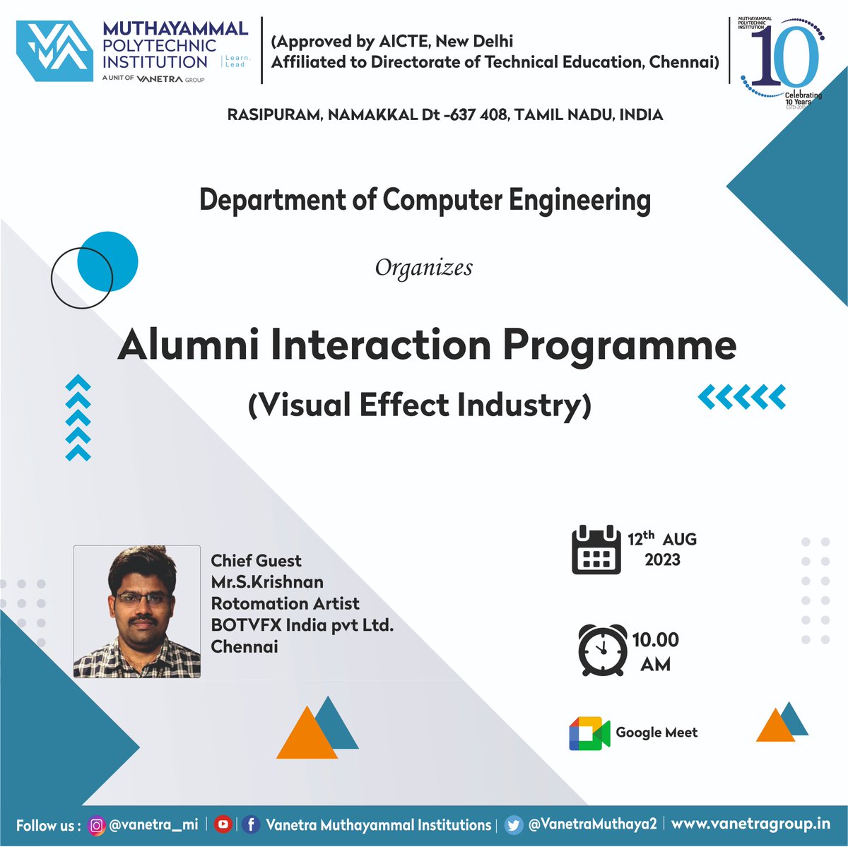 VanetraMuthaya2's tweet photo. Department of Computer Engineering of Muthayammal Polytechnic Institution organized an Alumni Interaction Programme(Visual Effect Industry) on 12.08.2023
#alumni #alumniassociation #AlumniMeet #alumnimeet #AlumniMeet2023 #gettogether #gettogethers #gettogether2023 #CSE #diploma https://t.co/7s2bMGMeGT