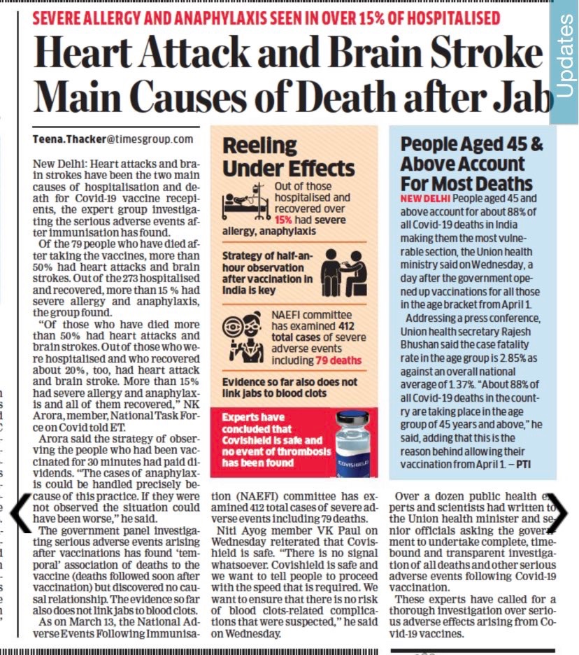 deepakdeepak's tweet photo. Why do @MoHFW_INDIA @Teensthak  warn people of certain symptoms soon after a jab if they are so sure that the vaccine does not cause thromboembolic problems?

Why did all of Europe suspend the Astra Zeneca vaccine in March 2021 itself?

50% of those who died had either a heart attack or a stroke.

20% of those who recovered in the hospital had a heart attack or stroke.

Yet the "experts" fail to find a causal relationship between the vaccine and deaths.

Laughable.

Was an autopsy done? Not to the best of my knowledge.

Was a biopsy done? Not to the best of my knowledge.

Was serolgy done for spike and nucleocaspid proteins? Not to the best of my knowledge.

So how do we jump to the conclusion that the relationship is only "temporal?"

Astonishing.

The mainstream media has had little to say about the role of the vaccine developers’ private company—@Vaccitech—in the Oxford-AstraZeneca partnership, a company whose main investors include former top Deutsche Bank executives, Google, and the UK government. All of them stand to profit from the vaccine, along with the vaccine’s two developers, Adrian Hill and Sarah Gilbert, who retain an estimated 10 percent stake in the company.

Also,Adrian Hill has a close relationship with the British Eugenics Society, or Galton Institute.

In all fairness, peculiar press reporting.