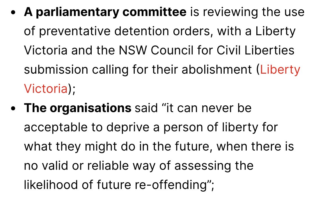 Liberty Victoria (@libertyvic) on Twitter photo Our joint submission with <a href="/NSWCCL/">NSW Council for Civil Liberties</a> on the deeply flawed Continuing Detention Order (CDO) regime has been referenced by the <a href="/SatPaper/">The Saturday Paper</a>.
CDOs should be abolished. They're based on an unvalidated risk assessment tool, and post-sentence detention is repugnant to the rule of law. Our joint submission with <a href="/NSWCCL/">NSW Council for Civil Liberties</a> on the deeply flawed Continuing Detention Order (CDO) regime has been referenced by the <a href="/SatPaper/">The Saturday Paper</a>.
CDOs should be abolished. They're based on an unvalidated risk assessment tool, and post-sentence detention is repugnant to the rule of law.
