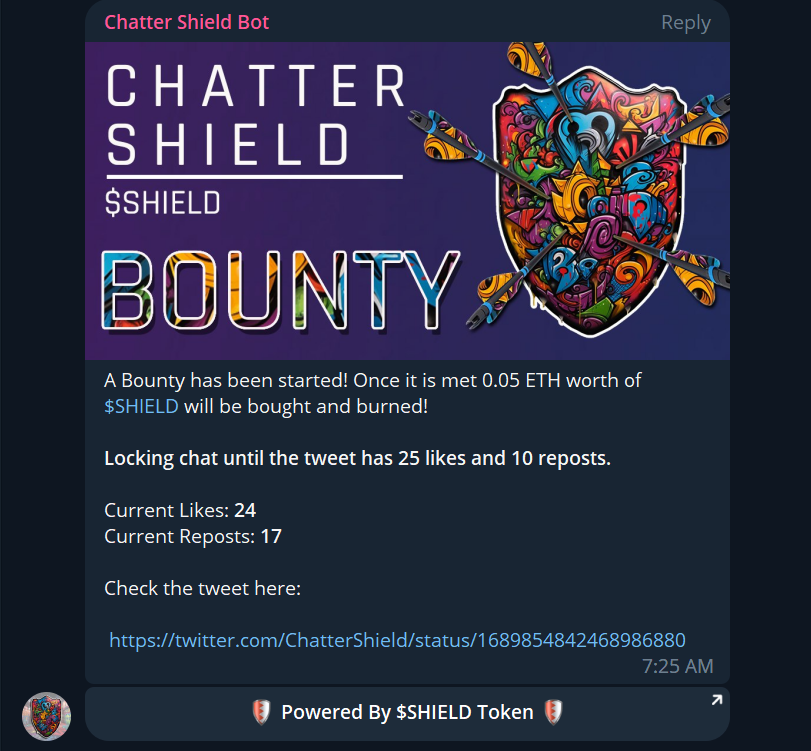 Raniinnit's tweet photo. 3/ $SHIELD bot has an edge that others do not. Communities can set bounties on tweets! 
>Community sets its desired target of likes, retweets, and comments.
> Community works together to achieve the targets.
>Engagement is then turned into REWARDS in form of buybacks and burns https://t.co/d2eOEUowh9