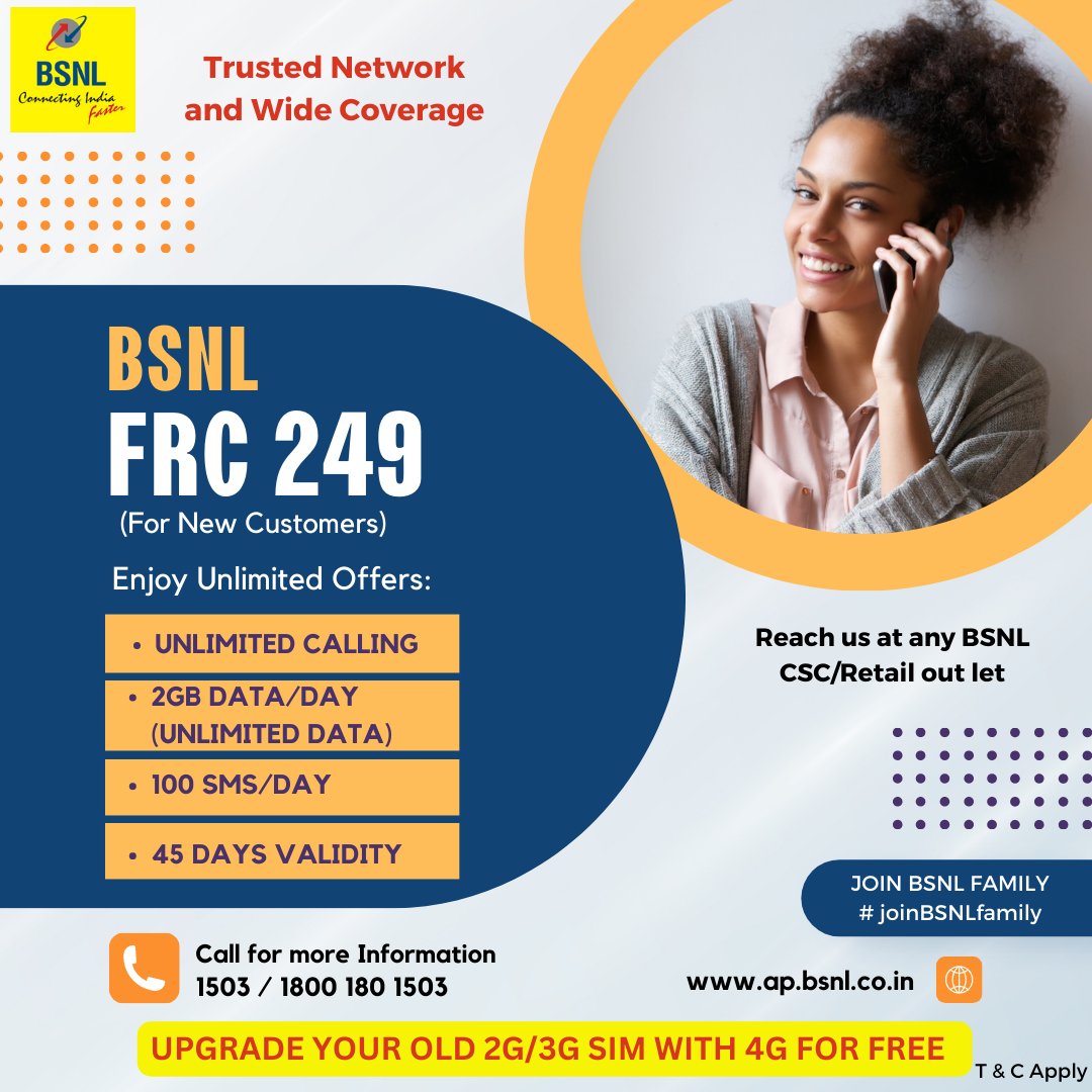 bsnl_ap_circle's tweet photo. #joinBSNLfamily. Recharge with #FRC249 and Enjoy unlimited voice Calls &amp; Data (Unlimited Calls, 2GB data &amp; 100 SMS per day) for 45 days. #RechargeNow with #BSNLSelfCareApp Download the app now. Google Play: https://t.co/1rRo05UqW7: https://t.co/hEoZvdNSq6 #BSNLOnTheGo #G20India https://t.co/R8iUdo4C76