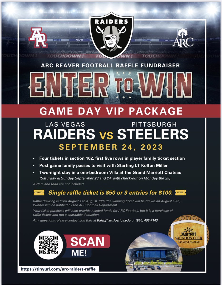 #ARCFootball presents the ultimate VIP Las Vegas Raiders fan experience.  All proceeds go directly to American River College Football to help support the 2023 season.  Thank you to Kolton Miller and Jerry Kushner for their kind donations. #BeaverBall #BuiltBeaverTough