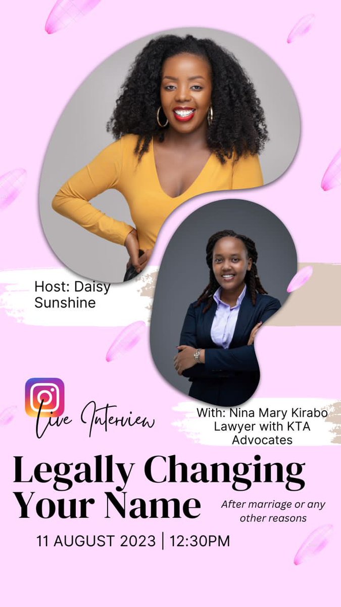 kta_law's tweet photo. Join @this_kagwera in an Instagram Live interview today at 12:30 PM! 🕧📅 

Discover the ins and outs of legally changing your name after marriage or for any other reasons. Don't miss this insightful discussion! 

Instagram handle👉🏽https://t.co/nGPkGcJ0mh https://t.co/fjmxNXWJOA