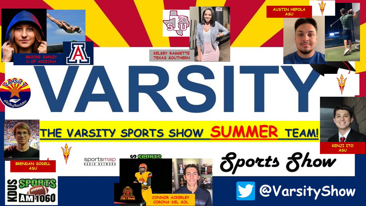 VarsityShow's tweet photo. This Saturday 8-10am we say goodbye to our amazing summer team! Please tune in &amp; find out where they're headed!! @KDUSAM1060 @BrookeEarley2 @Kelsey_Raggette @AustinHepola @b_sodell @ConnorAckerley @Kenjiito110  @VDAliesio 
Listen live: https://t.co/7KZJJHV2OU https://t.co/pGArkbZeo4