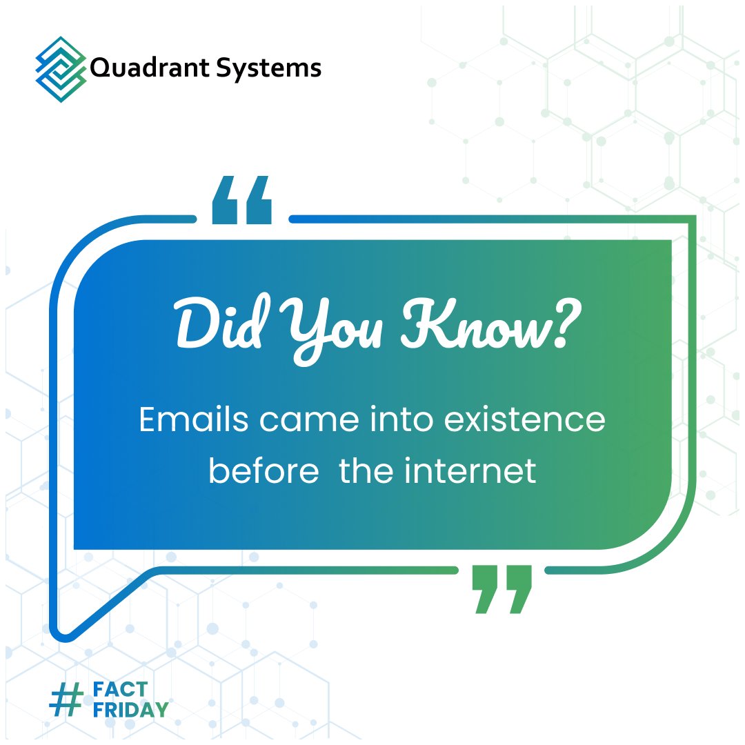 QuadrantSys_ZA's tweet photo. Internet first or email first?​

The inventor of electronic mail Mr. Raymond Tomlinson sent the first email to himself in 1971 via a computer network called ARPANET, 18 years before the World Wide Web was invented.​

#quadrantsystems #factfriday #itservices #edi #integration https://t.co/O3fjT8VlsP