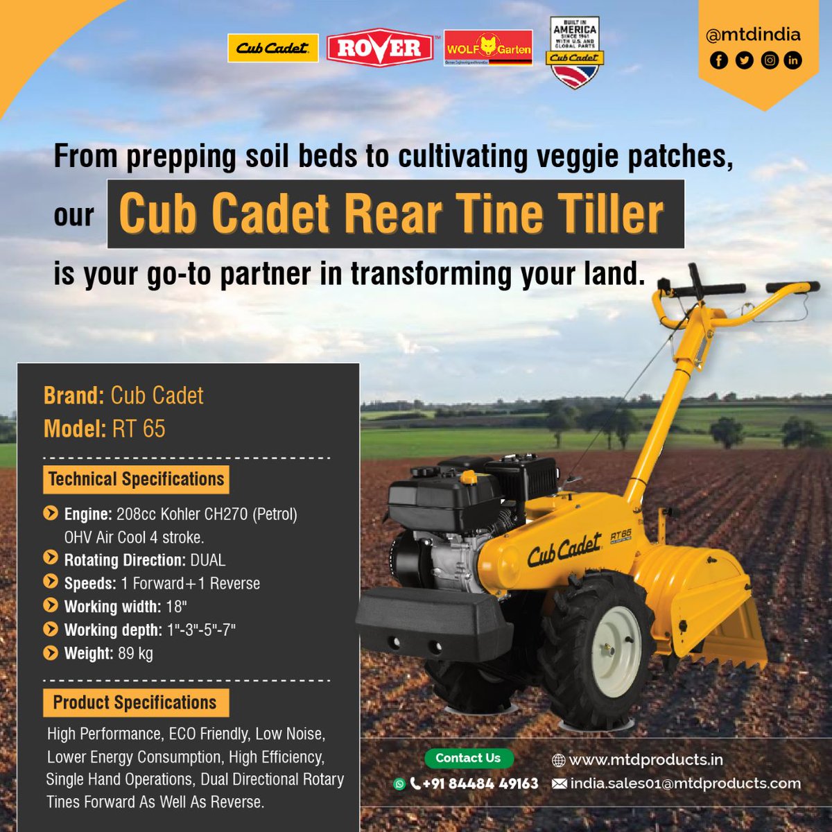 MTDINDIA2's tweet photo. From prepping soil beds to cultivating veggie patches, our #CubCadet #RearTineTiller is your go-to partner.

To know more details about the products
Contact: +91 844 844 9163
Website: https://t.co/vyrEsY1e4w

#cultivator #agricultremachines #RT65 #Rover #WolfGarten #MTD #mtdindia https://t.co/F8mpw89noq