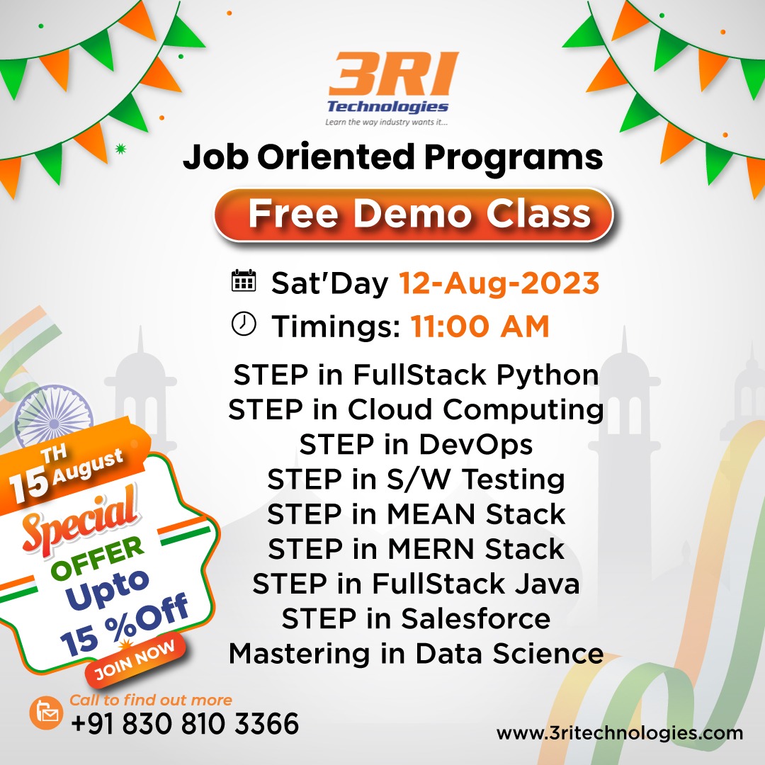 **Independence Day Special Offer-Flat 15% Off** Wondering how to make a career change? 3RI Technologies provides FREE DEMO for #JobOrientedCourses that will give a boost to your career. Explore our Job Oriented courses: zurl.co/hs6u #ITCareer #softwarecourses