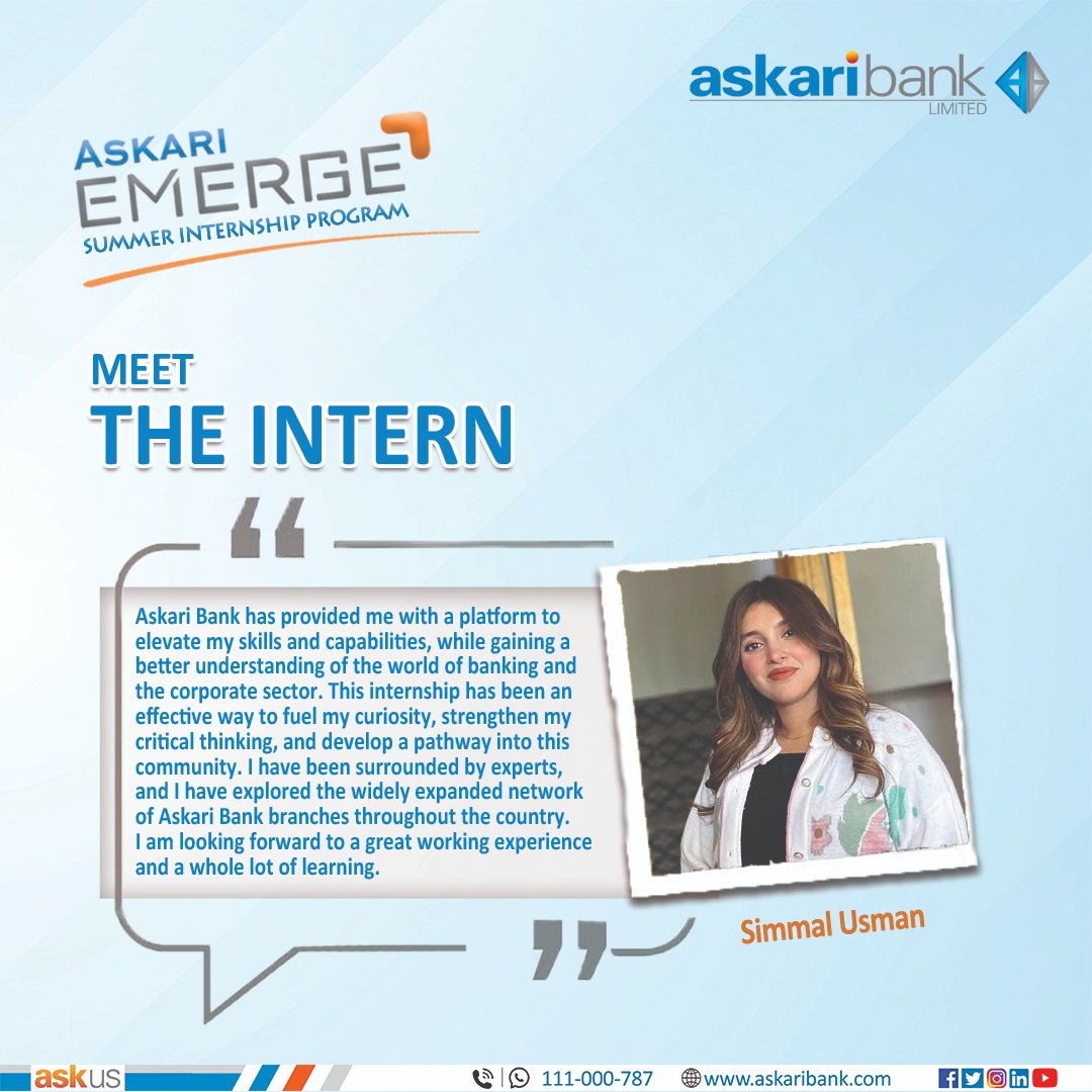 Askari_Bank's tweet photo. Meet The Intern - Simmal Usman | Askari Emerge
#AskariBank #MeetTheIntern #SimmalUsman #AskariEmerge #SummerInternship #Finance #Banking https://t.co/6qYhQyvDk5