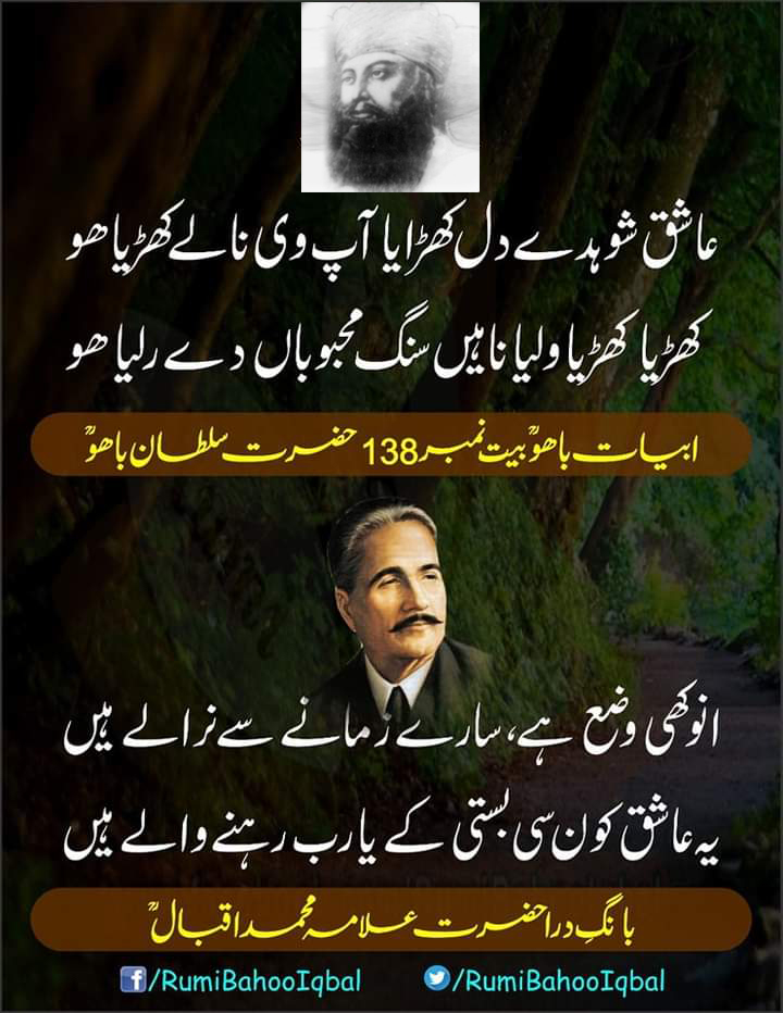 عاشق شوہدے دل کھڑایا آپ وی نالے کھڑیا ھو 
کھڑیا کھڑیا ولیا ناہیں سنگ محبوباں دے رلیا ھو  

ابیات باھوؒ بیت نمبر 138
حضرت سلطان باھوؒ

انوکھی وضع ہے، سارے زمانے سے نرالے ہیں
یہ عاشق کون سی بستی کے یا رب رہنے والے ہیں

بانگِ درا 
حضرت علامہ محمد اقبالؒ

#RumiBahooIqbal