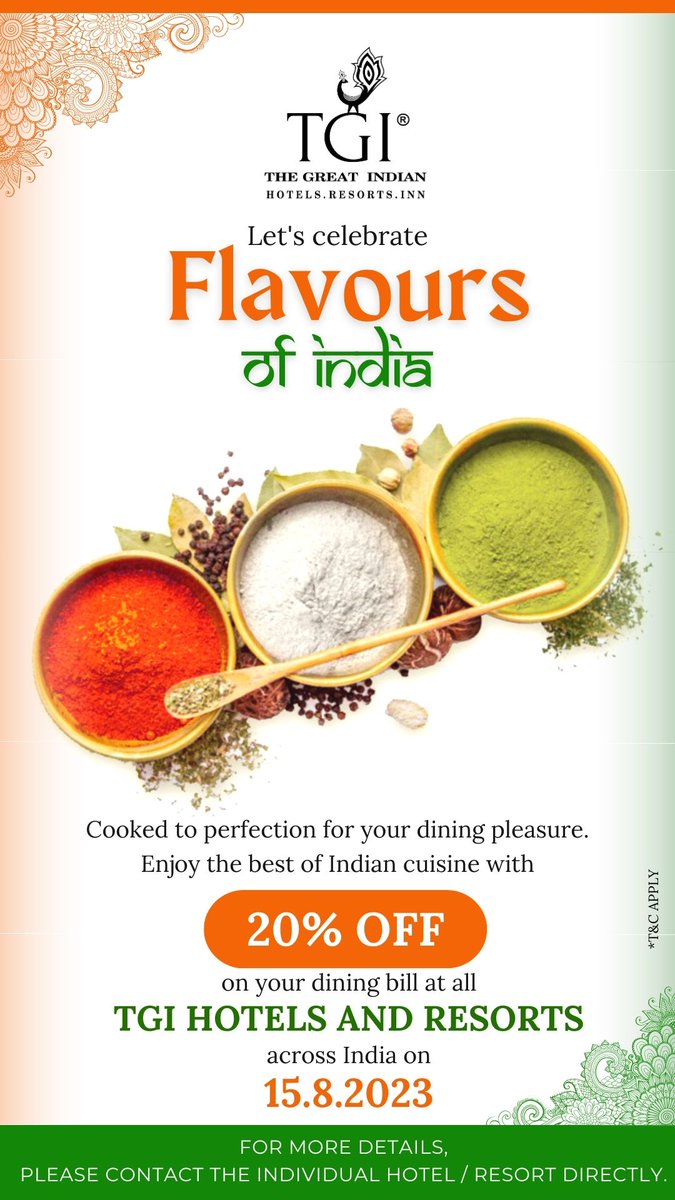 #TGIOffers Let's celebrate this #IndependenceDay by indulging in the delicious #flavoursofIndia! Get 20% off across all our resturants and enjoy the true taste of India!
#ExperienceTGI #independecedayoffers #celebrateindia #desifood #indianfoodlovers #khanakhazana #indianfoodie