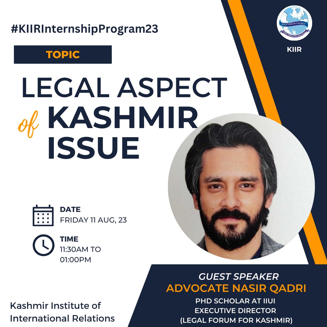 _KIIR_'s tweet photo. Aug 11, 23:
#KIIR extends a warm welcome to our esteemed speaker, Nasir Qadri Executive Director Legal Forum for Kashmir, who will be sharing his insights on "Legal Aspects of #Kashmir Issue" with KIIR interns today!
#KIIRInternshipProgram23 https://t.co/rO0vUhp3on