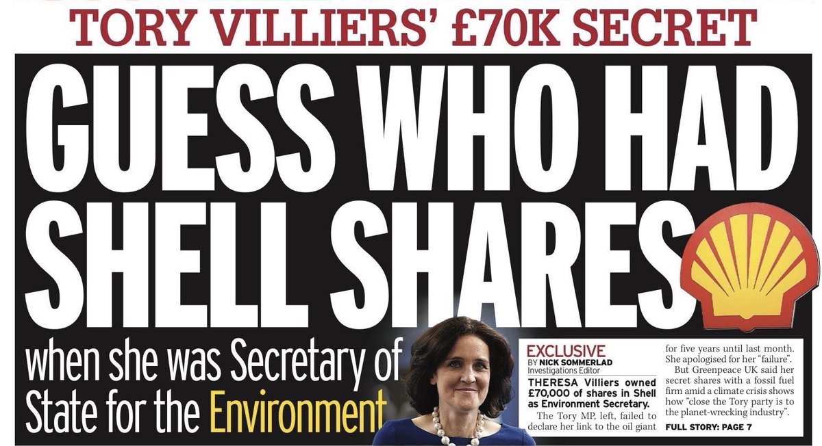 Theresa Villiers MP had £70,000 undeclared shares in Shell when she was Sec of State for Environment. She told Mirror ‘she 'deeply regrets her failure' but insisted she was not 'influenced by these shareholdings' while in office.’ bit.ly/454YFgP
