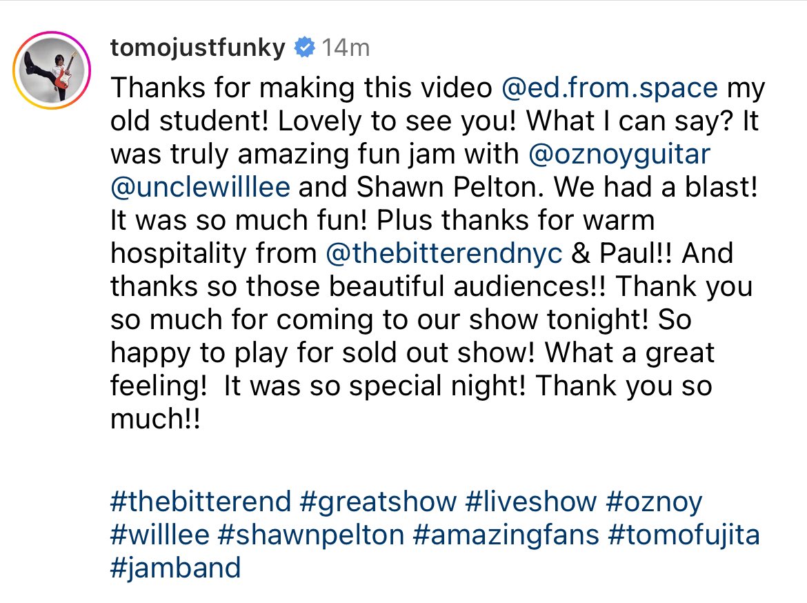 TomoJustFunky's tweet image. Thanks for making this video @ed.from.space my old student! Lovely to see you! What I can say? It was truly amazing fun jam with Oz Noy  @Willbassboy and Shawn Pelton. We had a blast! 

#thebitterend #greatshow #liveshow #oznoy #willlee #shawnpelton #tomofujita #jamband