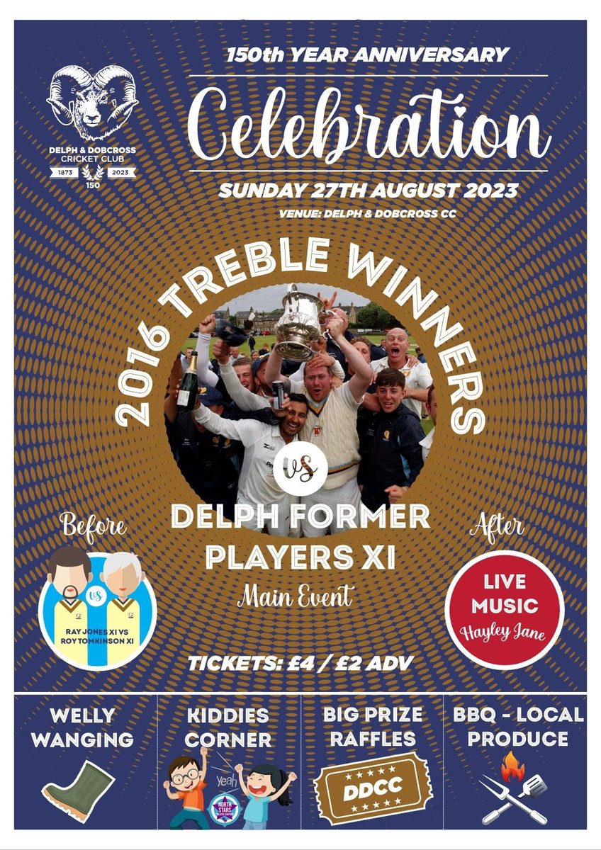 <a href="/delphcricket/">Delph + Dobcross CC</a> 150th anniversary celebration weekend. Bank Holiday Sundsy 27th August.
