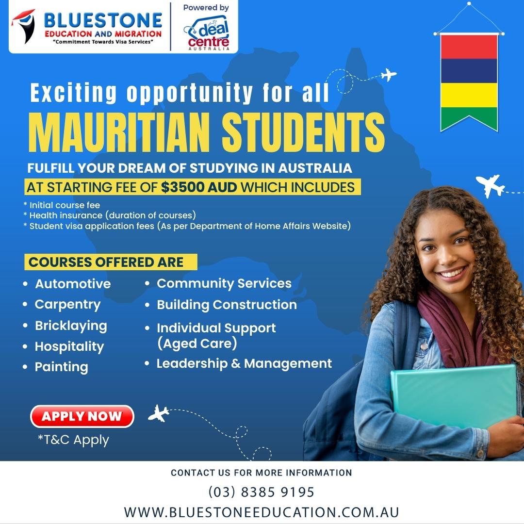 Amazing offer!!

Calling all Mauritian students to study in Australia

📞+61 (03) 8385 9195
 
#CommunityServices #buildingconstruction #individualsupport #agedcare #leadershipandmanagement  #mauritianstudents #mauritius #studyinaustralia #opportunity #dontmissout