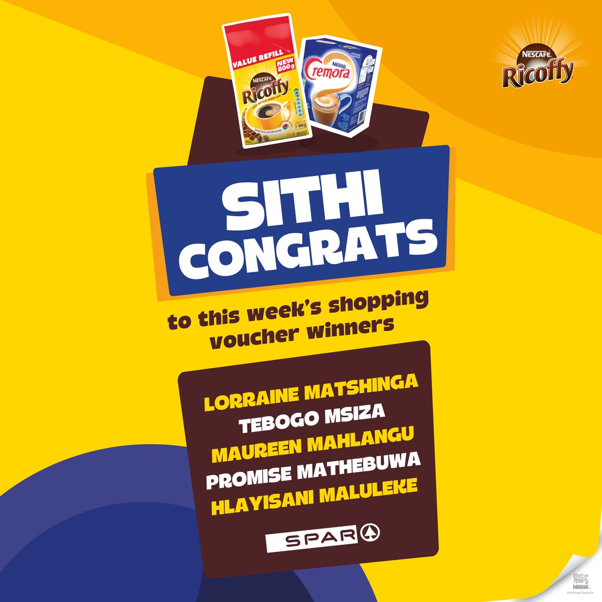 Sithi congrats to this week's winners! We hope you talk waya waya with your airtime and data bundles! Ts &amp; Cs apply.
#TheMostSouthAfricanCouple 
#NescafeRicoffy
#NestleCremora