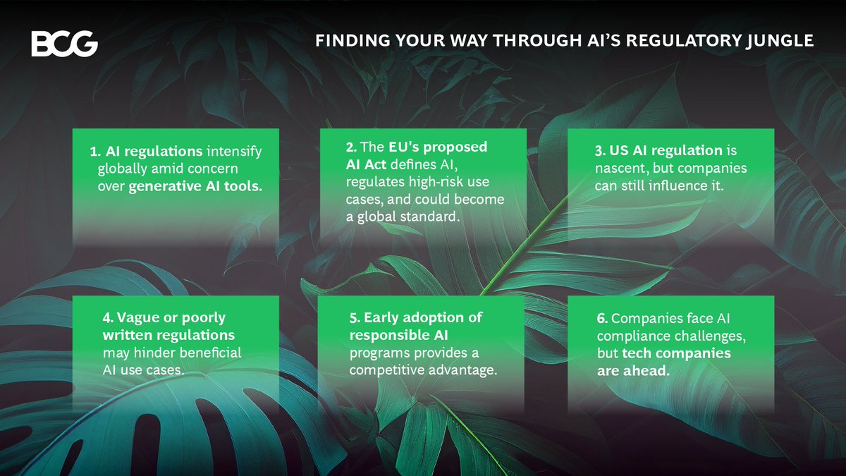 BCG's tweet photo. How can companies stay ahead of #AIRegulation?

1️⃣ Set up a responsible AI program

2️⃣ Learn about the #AI laws in your jurisdiction

3️⃣ Be proactive in engaging with policymakers

4️⃣ Build an agile &amp; holistic #ResponsibleAI framework

Learn more: https://t.co/7rs3im0Rjx https://t.co/DYweq58Rco