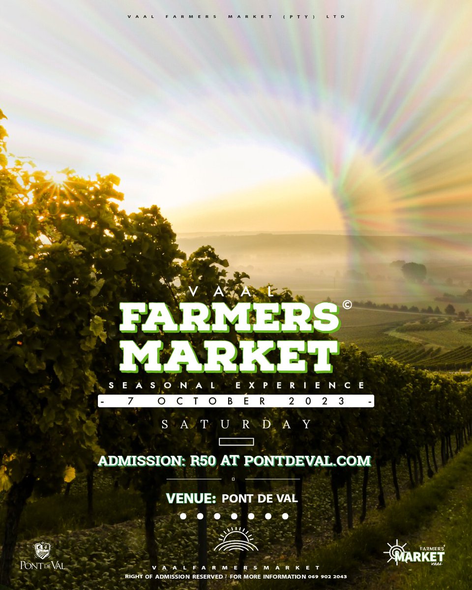 VaalFarmersMark's tweet photo. Come and experience the Vaal Farmers Market© and its raw vibes, flavours, style and culture! Set against the picturesque backdrop of the Vaal River, the Vaal Farmers Market is a one-of-a-kind market experience for all ages!💚
#vaalfarmersmarket #pontdeval https://t.co/zkcqV2UTjw
