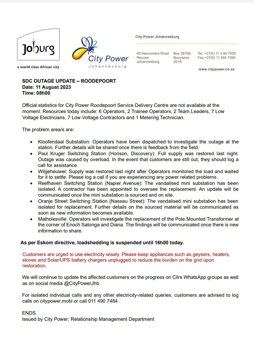 CityPowerJhb's tweet photo. #JoburgUpdates #RoodepoortSDC
#KloofendalSub #PaulKrugerSWS #Reefhaven ^DR https://t.co/WwPU9KNOp2