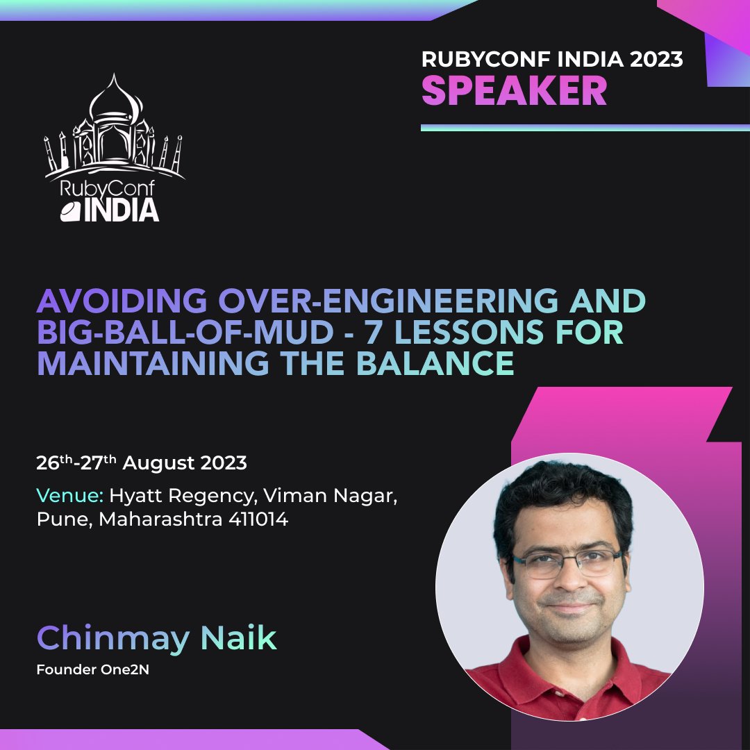 rubyconfindia's tweet photo. We are elated to announce @chinmay185 as our speaker for #RubyConfIndia2023

Chinmay, a pragmatic engineer, founded One2N to aid startups in tackling backend challenges during growth phase.

Visit: https://t.co/zftLBWdrSe

#rubyconfindia #rci #rubconf #rubyconf2023 #ruby #Pune https://t.co/HU8LkFNEry