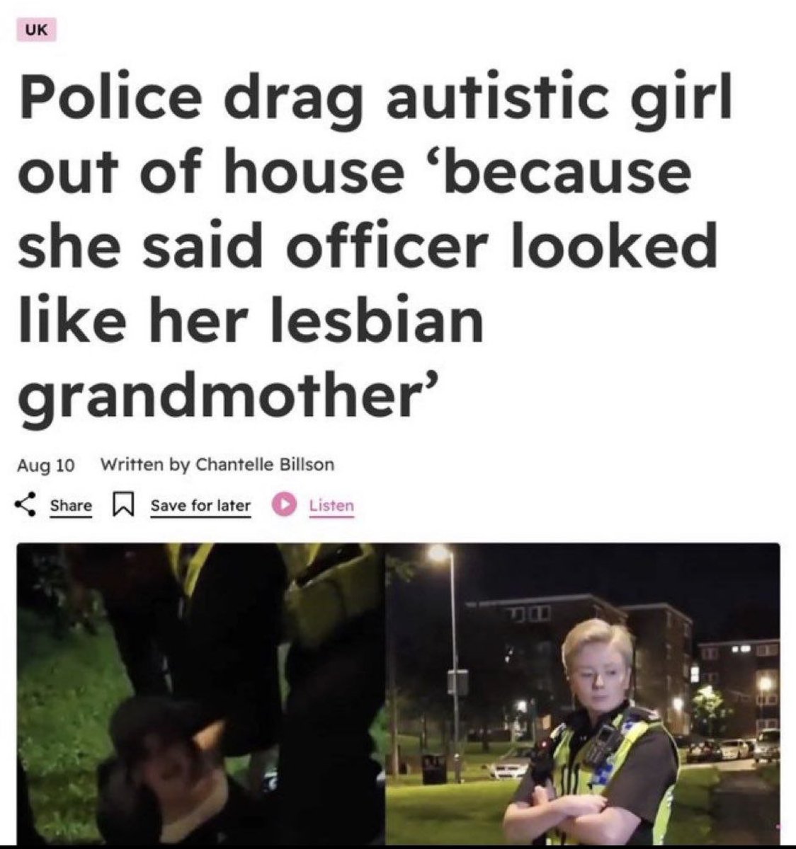 WeAreFairCop's tweet photo. We encourage this girl to sue, as a minimum,  for the following:

1. Unlawful arrest and detention. 1k first hour, £300 additional hours.
2. Public humiliation: 2K
3. Assault. £250 for each occasion she was handled 
4. If DNA was taken: theft of personal property under immediate threat of violence: 2K 
5. Legal costs.