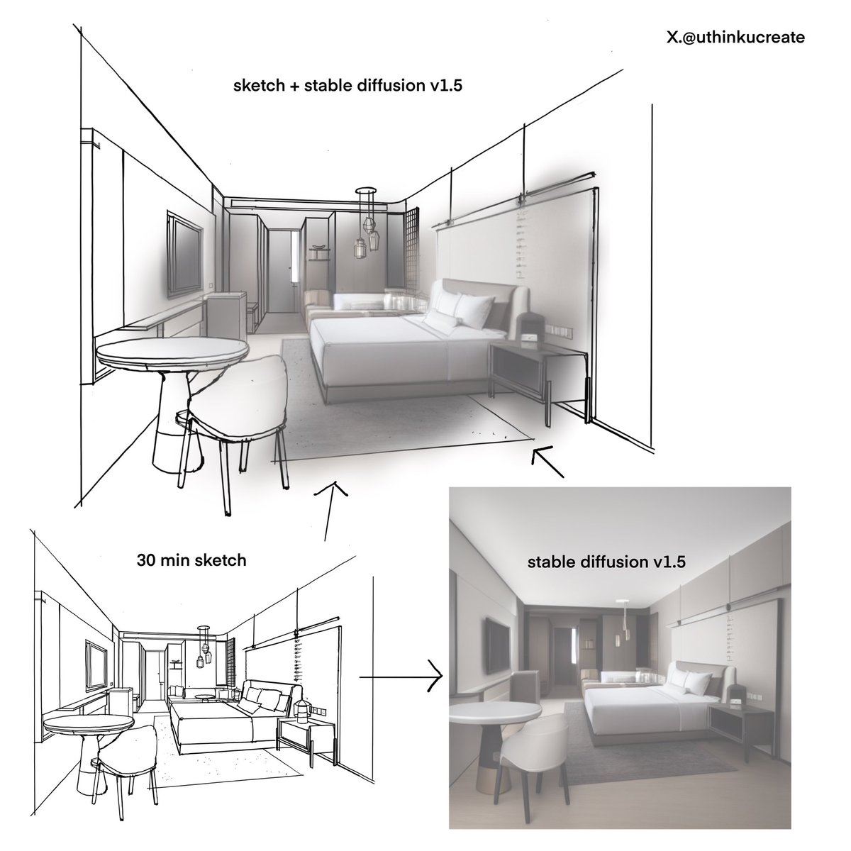 uthinkucreate's tweet image. Improving sketches with AI #stablediffusion #controlnet #AI #interiordesign #architecture #design #sketch #drawing #hoteldesign #hospitalitydesign #hotels