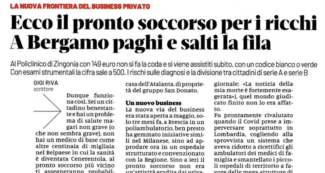 149 euro e salti la fila al pronto soccorso, con 500 si accede agli esami più complessi: il fallimento della sanità pubblica, incapace di garantire il minimo servizio universale in tempi ragionevoli, apre spazi di business ai privati. E crea nuove insopportabili discriminazioni.