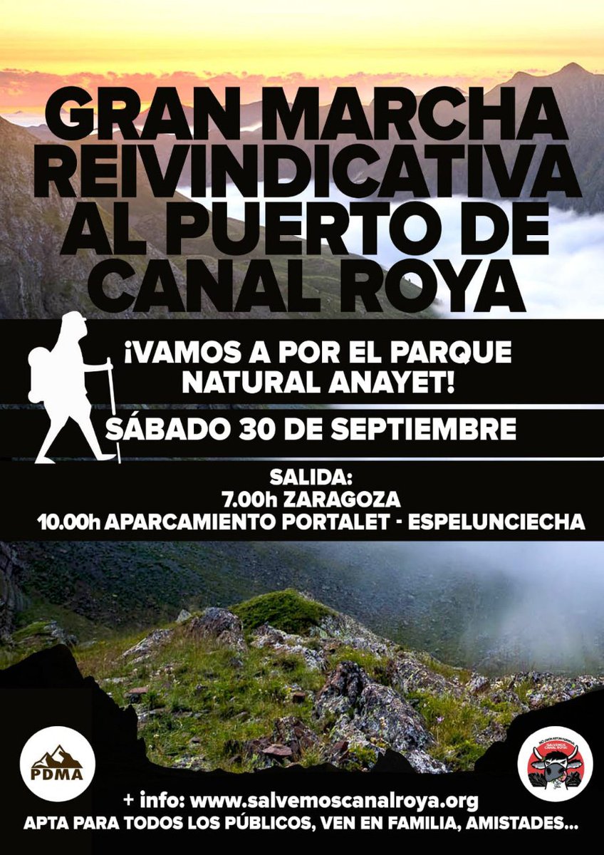 GRAN MARCHA REIVINDICATIVA A PUERTO DE CANAL ROYA
📆 30 de septiembre, sábado
¡Vamos a por el #ParqueNaturalAnayet
▶️ Esta excursión es apta para todos los públicos, ven en familia, con tus amigos, con tu club.
#SalvemosCanalRoya
*Reserva ya tu plaza* 
ℹ️ salvemoscanalroya.org/marcha-a-puert…