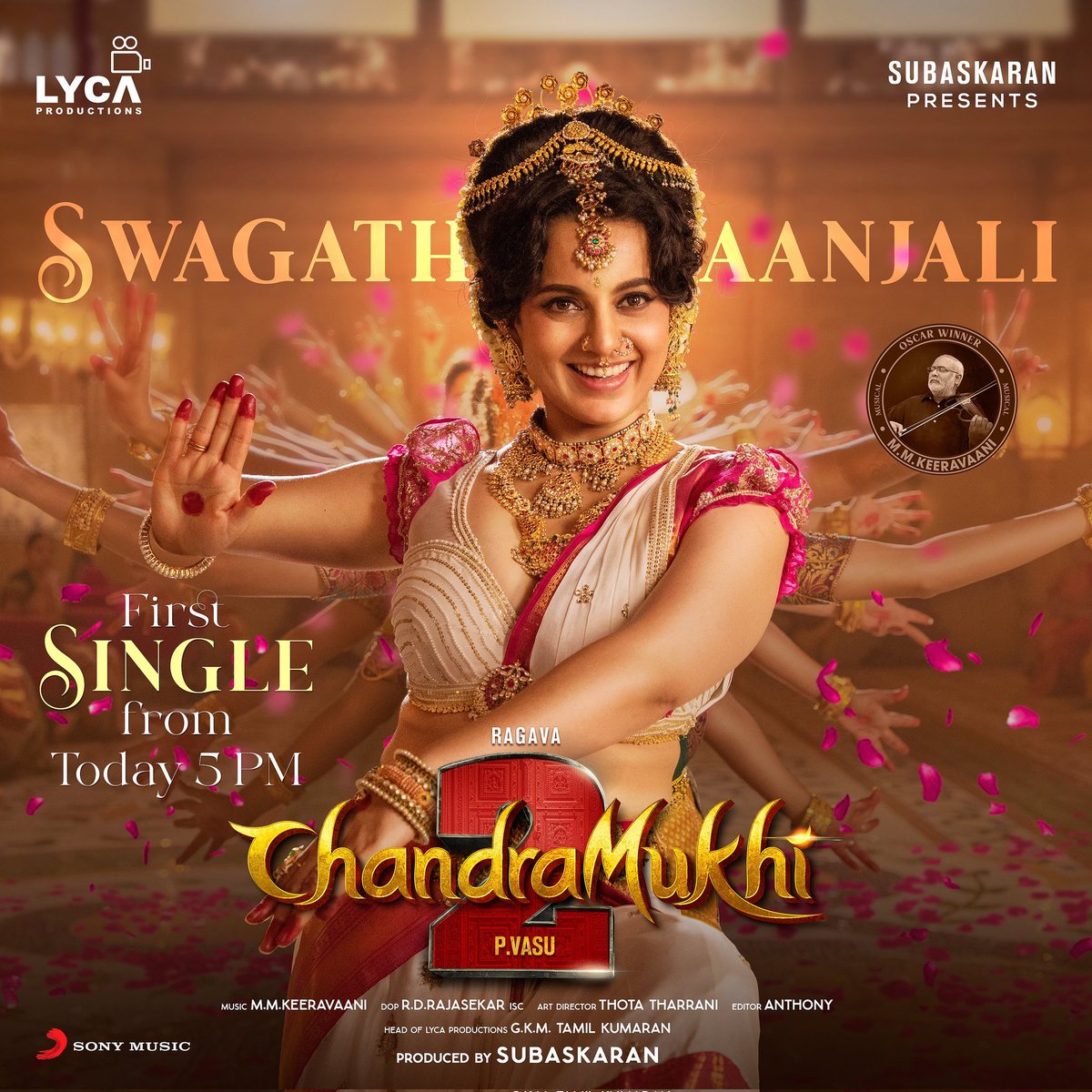 Get ready to witness the magic of #KanganaRanaut and #MMKeeravani as the first song from #Chandramukhi2 titled #Swaagathaanjali is all set to release at 5 PM today!

Are you excited?

@KanganaTeam @mmkeeravaani #PVasu @offl_Lawrence @RDRajasekar #ThotaTharrani @editoranthony…