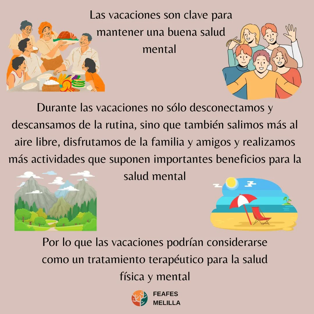 FeafesMelilla's tweet photo. Incluso de vacaciones, ¡no descuides tu salud mental!
Lo mejor para tu salud mental en vacaciones es desconectar del día a día con diferentes actividades que no realices de forma habitual
#saludmental #saludmentalenvacaciones #veranoysaludmental #feafesmelilla #feafes https://t.co/GbDgczcjOH