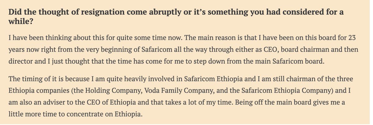 @SafaricomPLC @SafaricomET @BD_Africa .@AmbokoJH spoke to @michaelj2 on his resignation as a member of the @SafaricomPLC board to concentrate on the @SafaricomET subsidiary...his replacement will have to come from Vodacom. bit.ly/3QvJnxb in @BD_Africa