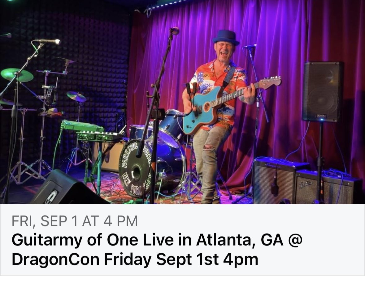 GuitarmyOfOne's tweet photo. I’ll be back in Atlanta, GA playing 2 shows @DragonCon Fri Sept 1 and Sun Sept 3! Spy Surf Riffage
#reverb #spysurf #surfrock #instrumentalmusic #guitarmusic #surfspy #thewavefiles https://t.co/v2lZtXY5ol