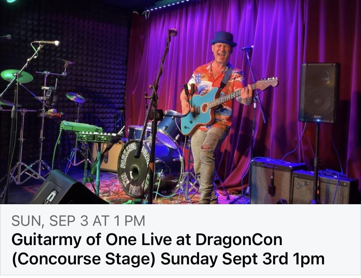 GuitarmyOfOne's tweet photo. I’ll be back in Atlanta, GA playing 2 shows @DragonCon Fri Sept 1 and Sun Sept 3! Spy Surf Riffage
#reverb #spysurf #surfrock #instrumentalmusic #guitarmusic #surfspy #thewavefiles https://t.co/v2lZtXY5ol