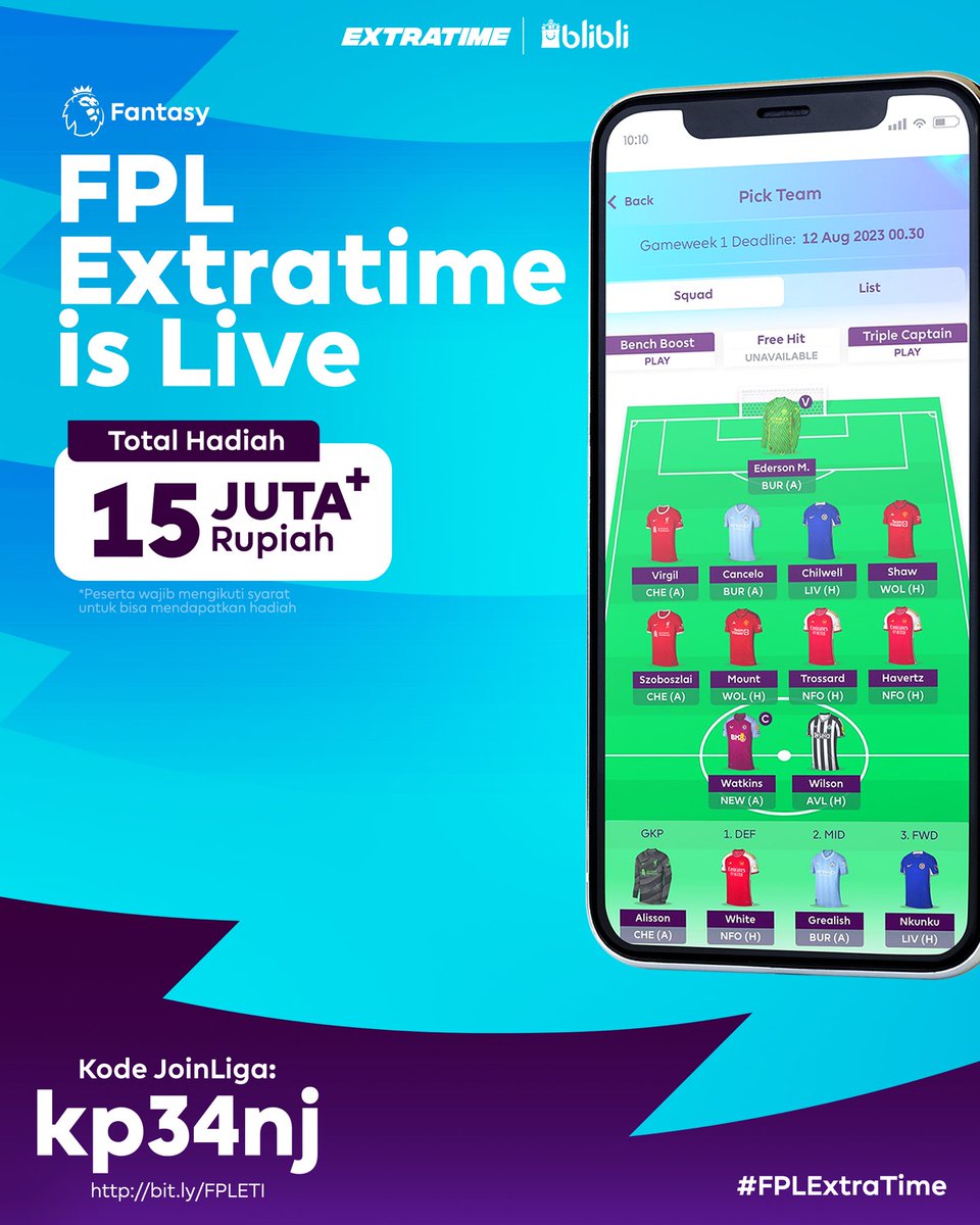 🚨 H-6 JAM #FPLExtraTime JOINN SATTT!! 🚨

Syarat Join:
1. Follow <a href="/bliblidotcom/">Blibli</a>
2. Beli tiketnya senilai Rp 0* di blibli.app.link/eti
2. Join Liga: bit.ly/FPLETI
3. Isi Formulir: bit.ly/FormFPL
4. RT &amp; Like tweet ini

Cara beli tiketnya gimana?

Klik: