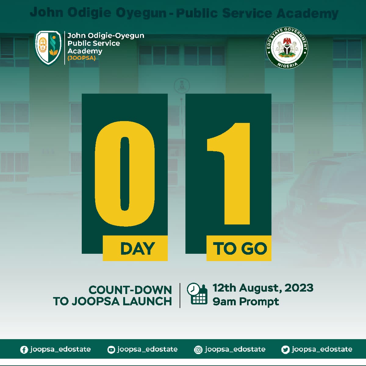 Maestroeddie1's tweet photo. #CountdownToLaunch
As the countdown to the launch of the John-Odigie Oyegun Public Service Academy continues, it's clear that this institution will play a pivotal role in shaping the future of public service by nurturing competent, skilled, and visionary leaders. #JOOPSAlaunch https://t.co/JzWrRZxeqE