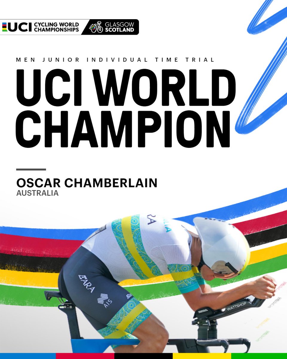 UCI_cycling's tweet photo. GOLD for Australia 🥇 🇦🇺

Oscar Chamberlain is crowned the 2023 UCI Men Junior ITT World Champion!

#GlasgowScotland2023 https://t.co/5XVyDjmmjp